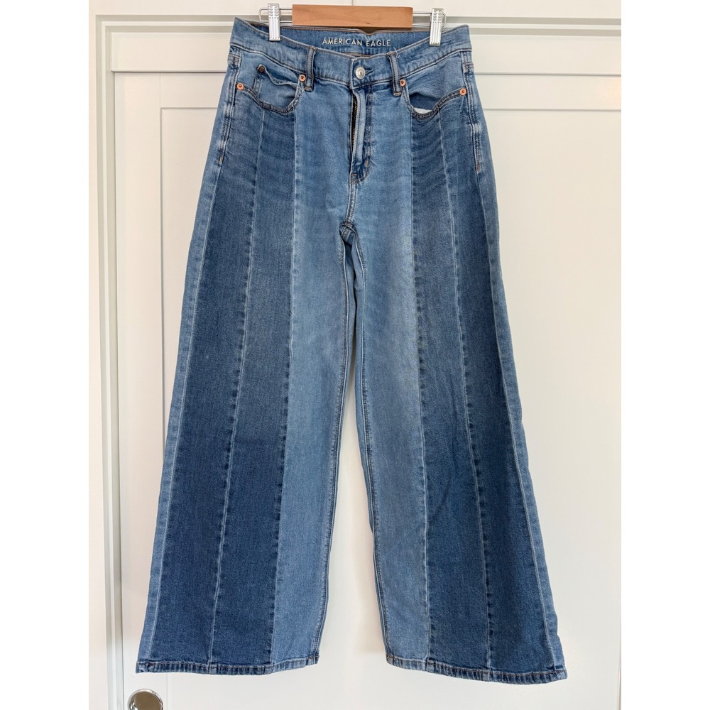 American Eagle Multi Tone Blue Patchwork High Waisted Wide Leg Cropped Jeans